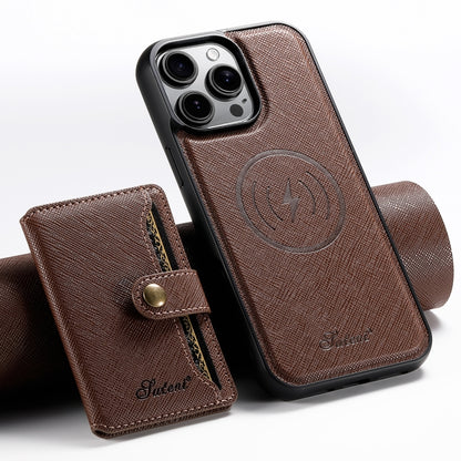 For iPhone 16 Pro Max Suteni H20 Cross-Grain MagSafe Horizontal Card Bag Back Phone Case(Brown) - iPhone 16 Pro Max Cases by Suteni | Online Shopping UK | buy2fix