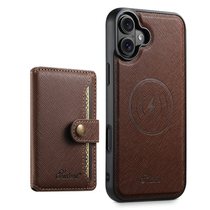 For iPhone 16 Suteni H20 Cross-Grain MagSafe Horizontal Card Bag Back Phone Case(Brown) - iPhone 16 Cases by Suteni | Online Shopping UK | buy2fix