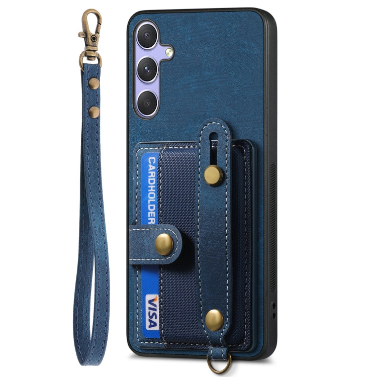 For Samsung Galaxy S25 Ultra 5G Retro Cross Wristband Wallet Leather Back Phone Case(Blue) - Galaxy S25 Ultra 5G Cases by buy2fix | Online Shopping UK | buy2fix