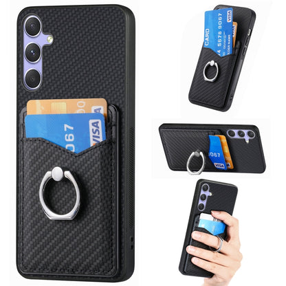 For Samsung Galaxy S25+ 5G Carbon Fiber Card Wallet Ring Phone Case(Black) - Galaxy S25+ 5G Cases by buy2fix | Online Shopping UK | buy2fix