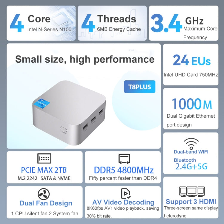 T8Plus Alder Lake-N100 4K Dual Band WIFI Bluetooth Office Game Portable Mini PC, Spec: 8G 1TB EU Plug - Windows Mini PCs by buy2fix | Online Shopping UK | buy2fix