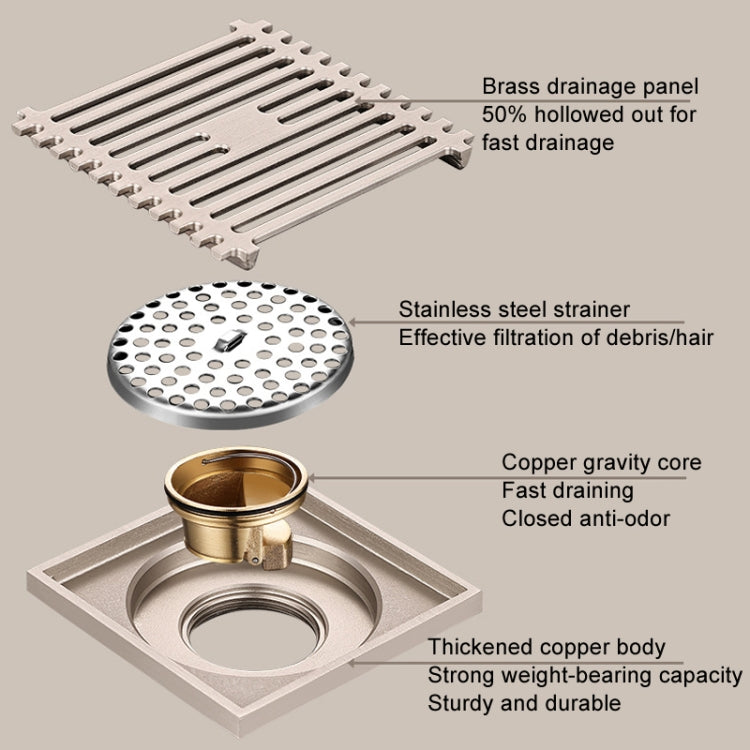 All Copper Brushed Anti-Odor Floor Drain Gravity Copper Core Bathroom Floor Drain, Specification: 8x20cm Long Invisible Medium Drain - Drain Strainers by buy2fix | Online Shopping UK | buy2fix