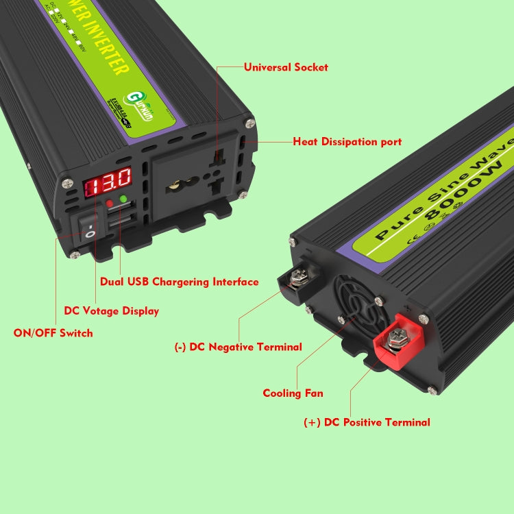 Gurxun 12V-220V 8000W Pure Sine Wave Inverter Car Single Digital Display Voltage Converter - Pure Sine Wave by Gurxun | Online Shopping UK | buy2fix