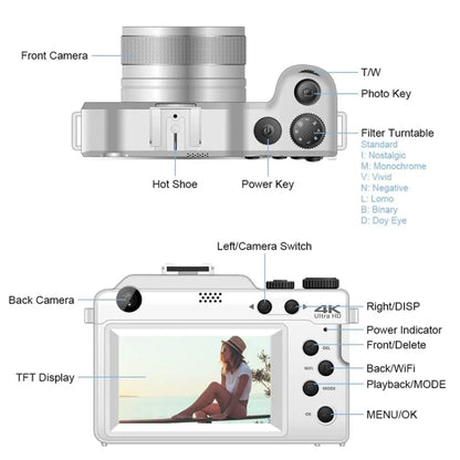 3-Inch Display Digital Camera Dual Front And Rear Cameras 48MP, 18x Digital Zoom 4K HD Camcorder(White) - Video Cameras by buy2fix | Online Shopping UK | buy2fix