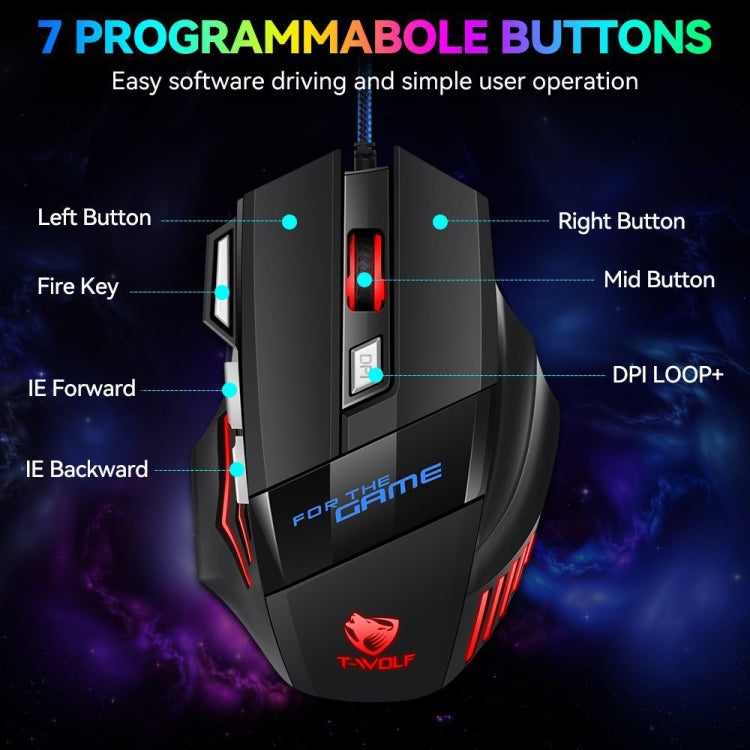 T-WOLF M1 7-keys RGB Atmosphere Light USB Gaming Wired Mouse(Black) - Wired Mice by T-WOLF | Online Shopping UK | buy2fix