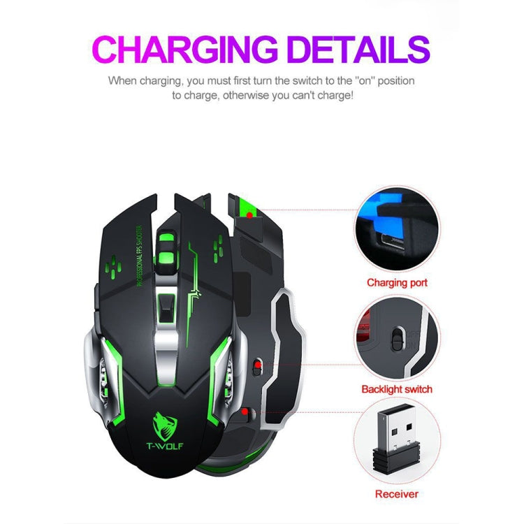 T-WOLF Q13 2.4GHz 6-keys RGB Colorful Light Gaming Wireless Mouse, Color: Single Mode Gray - Wireless Mice by T-WOLF | Online Shopping UK | buy2fix