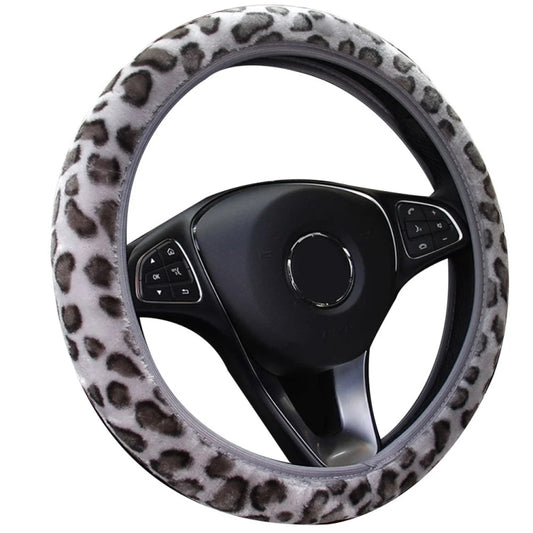 High-Density Plush Leopard Print Steering Wheel Cover Without Inner Ring(Gray) - Steering Wheel Accessories by buy2fix | Online Shopping UK | buy2fix