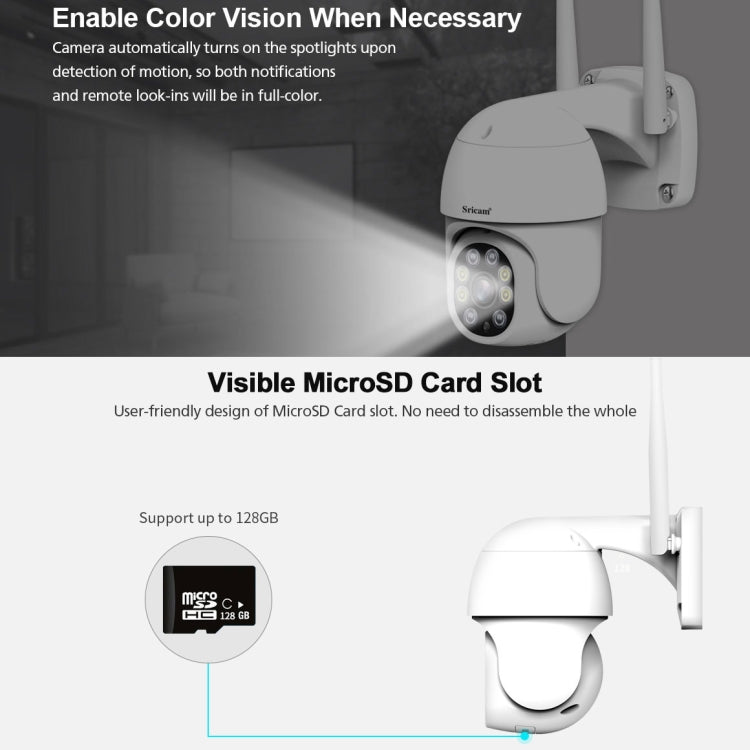 Sricam SP028 1080P HD Outdoor PTZ Camera, Support Two Way Audio / Motion Detection / Humanoid Detection / Color Night Vision / TF Card, AU Plug - Security by Sricam | Online Shopping UK | buy2fix