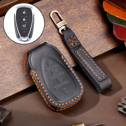 For Chevrolet 4-button Hallmo Car Cowhide Leather Key Protective Cover Key Case(Black) - Car Key Cases by Hallmo | Online Shopping UK | buy2fix