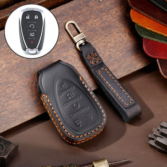 For Chevrolet 5-button Hallmo Car Cowhide Leather Key Protective Cover Key Case(Black) - Car Key Cases by Hallmo | Online Shopping UK | buy2fix