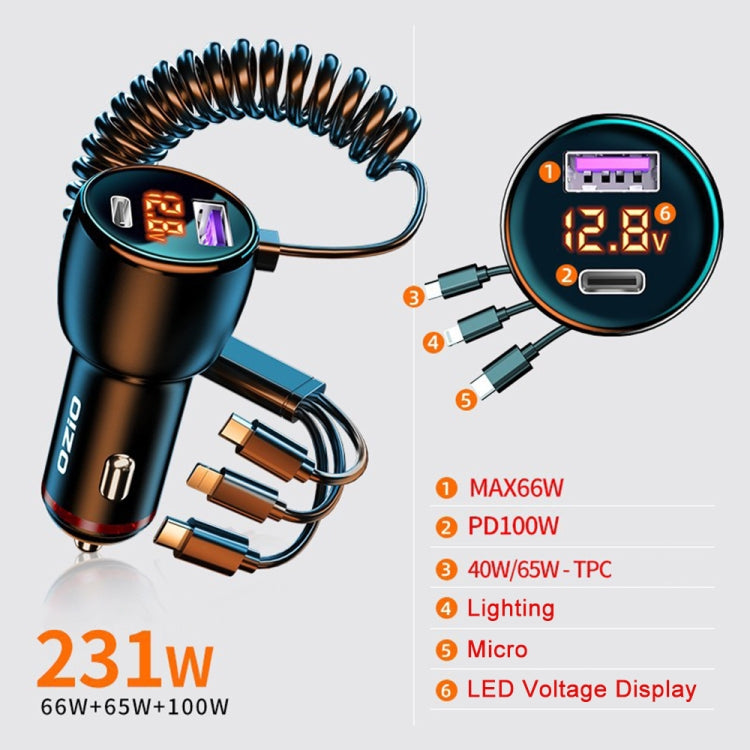 Ozio HX08 231W Type-C + USB Dual Port Car Charger with 3 in 1 Spring Data Cable - Car Charger by ozio | Online Shopping UK | buy2fix