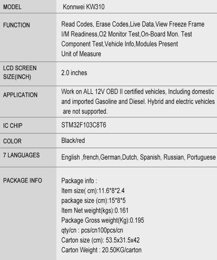 KONNWEI KW310 OBD Car Fault Detector Code Reader ELM327 OBD2 Scanner Diagnostic Tool(Black) - In Car by KONNWEI | Online Shopping UK | buy2fix