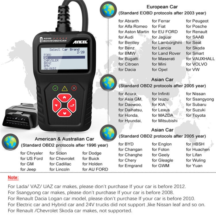 Ancel AS100 Car Fault Detector OBDII Engine Fault Light Clear - In Car by buy2fix | Online Shopping UK | buy2fix