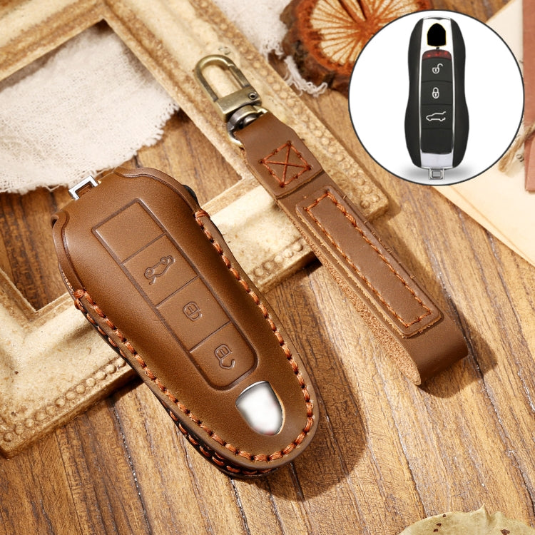 Hallmo Car Cowhide Leather Key Protective Cover Key Case for Porsche Macan 718 2021 A Style(Brown) -  by Hallmo | Online Shopping UK | buy2fix