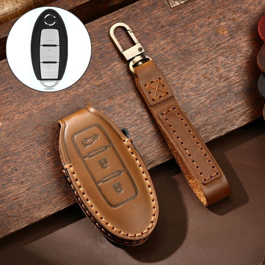 Hallmo Car Cowhide Leather Key Protective Cover Key Case for Nissan Sylphy 3-button Tail Box(Brown) -  by Hallmo | Online Shopping UK | buy2fix