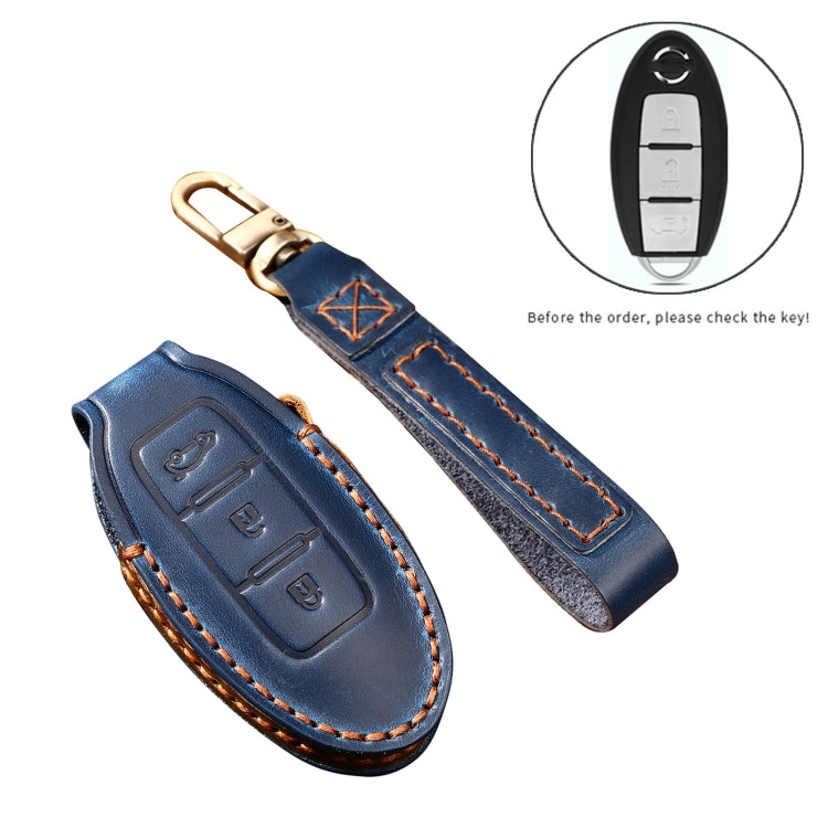 Hallmo Car Cowhide Leather Key Protective Cover Key Case for Nissan Sylphy 3-button Tail Box(Blue) - Car Key Cases by Hallmo | Online Shopping UK | buy2fix