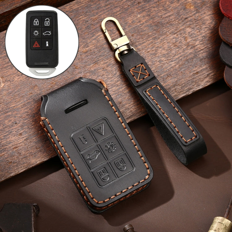 Hallmo Car Cowhide Leather Key Protective Cover Key Case for Volvo 6-button(Black) - Car Key Cases by Hallmo | Online Shopping UK | buy2fix