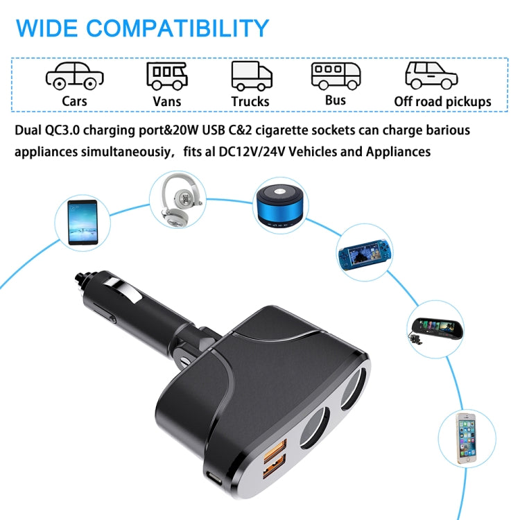 TR35 Car 2 in 1 Cigarette Lighter Extension Socket 20W PD Fast Charge QC3.0 USB Charger - In Car by buy2fix | Online Shopping UK | buy2fix