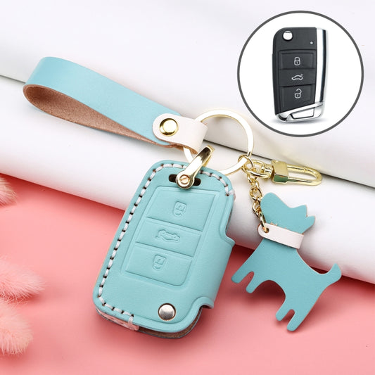Hallmo Car Female Style Cowhide Leather Key Protective Cover for Volkswagen, B Type Folding (Lake Blue) - In Car by buy2fix | Online Shopping UK | buy2fix