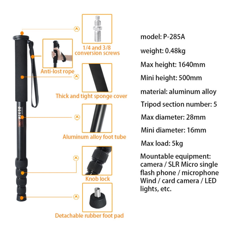 BEXIN P285-A Portable Travel Outdoor DSLR Camera Aluminum Alloy Monopod Holder (Black) - Camera Accessories by BEXIN | Online Shopping UK | buy2fix