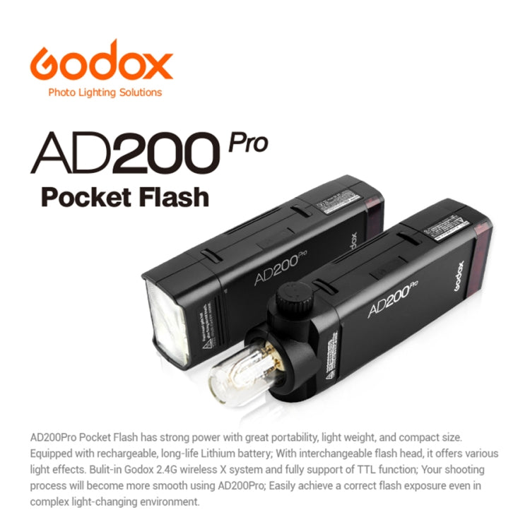 Godox AD200 Pro Pocket Flash Light  TTL HSS 2.4G Wireless X System Outdoor Flash Speedlight(AU Plug) - Camera Accessories by Godox | Online Shopping UK | buy2fix