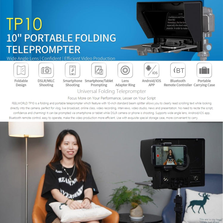 FEELWORLD TP10 Portable 10-inch Folding Teleprompter with Remote Control Lens Adapter Ring For Below 10 inches Smartphone / Tablet (Black) - Camera Accessories by FEELWORLD | Online Shopping UK | buy2fix