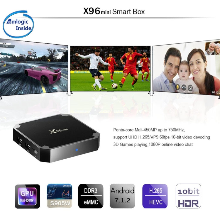 X96 mini 4K*2K UHD Output Smart TV BOX Player with Remote Controller without Wall Mount, Android 7.1.2 Amlogic S905W Quad Core ARM Cortex A53 2GHz, RAM: 1GB, ROM: 8GB, Supports WiFi, HDMI, TF(Black) - Consumer Electronics by buy2fix | Online Shopping UK | buy2fix