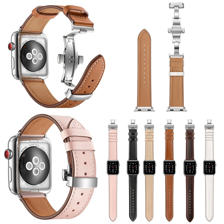 Genuine Leather + Butterfly Silver Buckle Watch Band For Apple Watch Series 7 45mm / 6 & SE & 5 & 4 44mm / 3 & 2 & 1 42mm(Black) - Watch Bands by buy2fix | Online Shopping UK | buy2fix