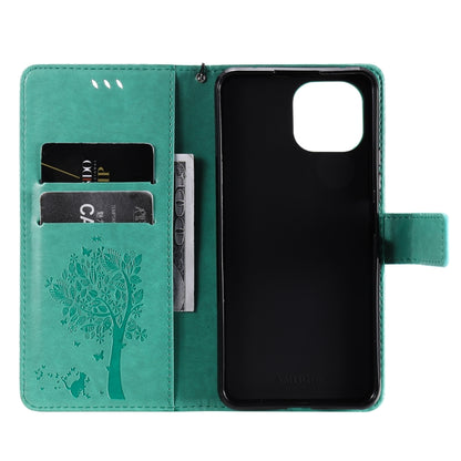 For Xiaomi Mi 11 Lite 5G Tree & Cat Pattern Pressed Printing Horizontal Flip PU Leather Case with Holder & Card Slots & Wallet & Lanyard(Green) - Xiaomi Cases by Diaobaolee | Online Shopping UK | buy2fix