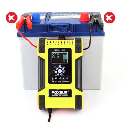 FOXSUR 12A / 12V / 24V Car / Motorcycle 7-stage Lead-acid Battery AGM Charger, Plug Type:EU Plug(Yellow) - In Car by FOXSUR | Online Shopping UK | buy2fix