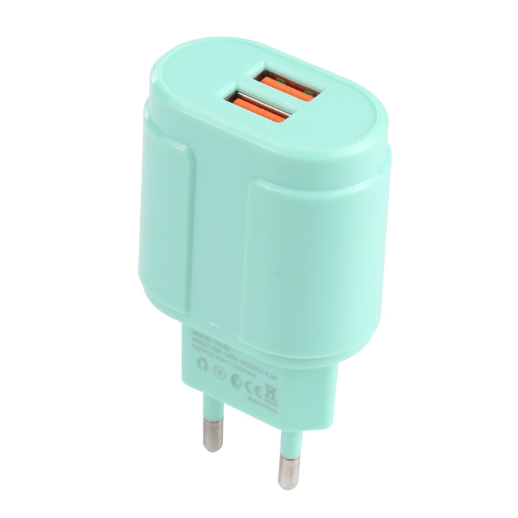 13-22 2.1A Dual USB Macarons Travel Charger, EU Plug(Green) - Mobile Accessories by buy2fix | Online Shopping UK | buy2fix