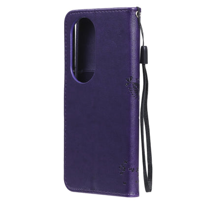 For Huawei P50 Pro Tree & Cat Pattern Pressed Printing Horizontal Flip PU Leather Case with Holder & Card Slots & Wallet & Lanyard(Purple) - Huawei Cases by buy2fix | Online Shopping UK | buy2fix