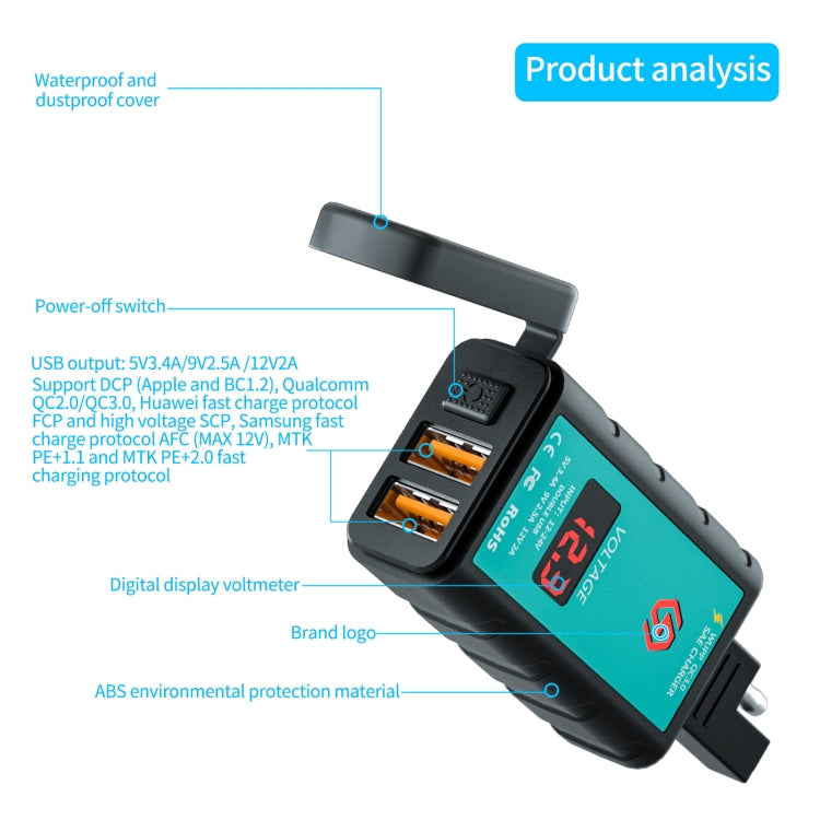 WUPP ZH-1422A3 DC12-24V Motorcycle Square Dual USB Fast Charging Charger with Switch + Voltmeter + Integrated SAE Socket + 1.4m OT Terminal Cable - In Car by WUPP | Online Shopping UK | buy2fix