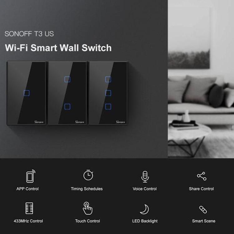 Sonoff T3 US-TX 433 RF WIFI Smart Remote Control Wall Touch Switch, US Plug, Style:Single Button - Smart Switch by Sonoff | Online Shopping UK | buy2fix