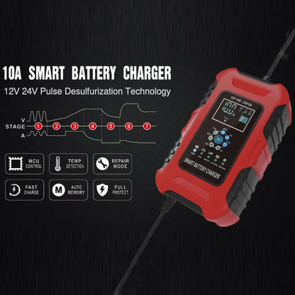 FOXSUR 10A 12V 7-segment Motorcycle / Car Smart Battery Charger, Plug Type:UK Plug(Red) - In Car by FOXSUR | Online Shopping UK | buy2fix