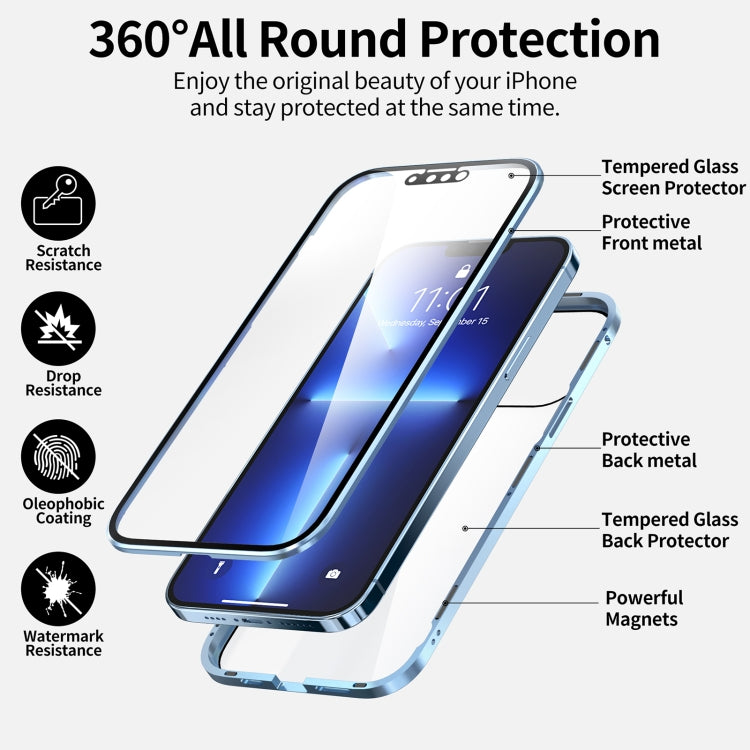 For iPhone 13 Pro HD Magnetic Metal Frame Double-sided Tempered Glass Phone Case (Sierra Blue) - Apple Accessories by buy2fix | Online Shopping UK | buy2fix