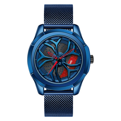 SANDA 1065 3D Hollow Out Wheel Non-rotatable Dial Quartz Watch for Men, Style:Mesh Belt(Blue Red) - Metal Strap Watches by SANDA | Online Shopping UK | buy2fix