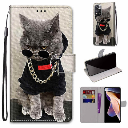 For Xiaomi Redmi Note 11 Pro / 11 Pro+ Global Coloured Drawing Cross Texture Horizontal Flip PU Phone Leather Case with Holder & Card Slots & Wallet & Lanyard(Colorful Layer(Golden Chain Grey Cat) - Xiaomi Accessories by buy2fix | Online Shopping UK | buy2fix