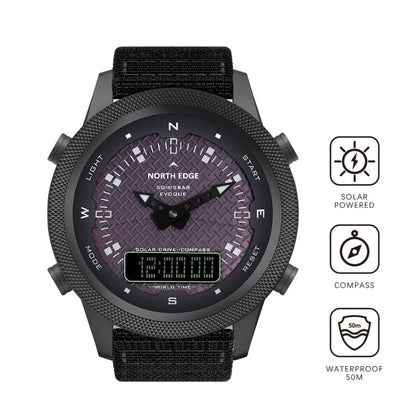 NORTH EDGE EVOQUE Solar Outdoor Waterproof Luminous Sports Nylon Strap Watch(Black) - Nylon Strap Watches by NORTH EDGE | Online Shopping UK | buy2fix