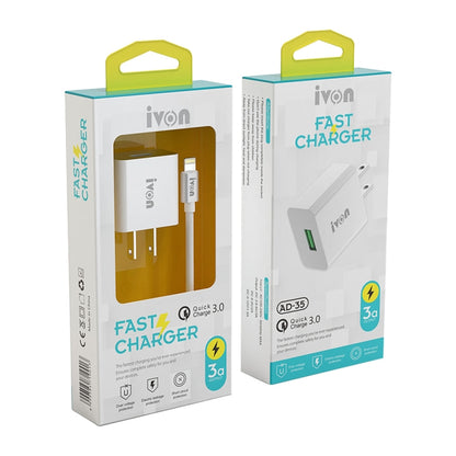 IVON AD-35 2 in 1 18W QC3.0 USB Port Travel Charger + 1m USB to Micro USB Data Cable Set, US Plug(White) - Mobile Accessories by IVON | Online Shopping UK | buy2fix