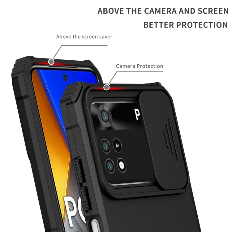 For Xiaomi Poco M4 Pro 4G Stereoscopic Holder Sliding Camshield Phone Case(Black) - Xiaomi Cases by buy2fix | Online Shopping UK | buy2fix