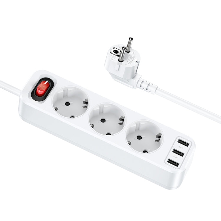 hoco NS2 3-position + 3-USB Extension Cord Socket, EU Plug(White) - Consumer Electronics by hoco | Online Shopping UK | buy2fix