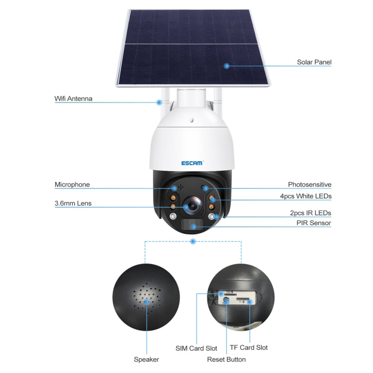 ESCAM QF724 3MP 24h Recording Cloud Storage PT 4G PIR Alarm IP Camera with Solar Panel, European Signal Bands - Security by ESCAM | Online Shopping UK | buy2fix