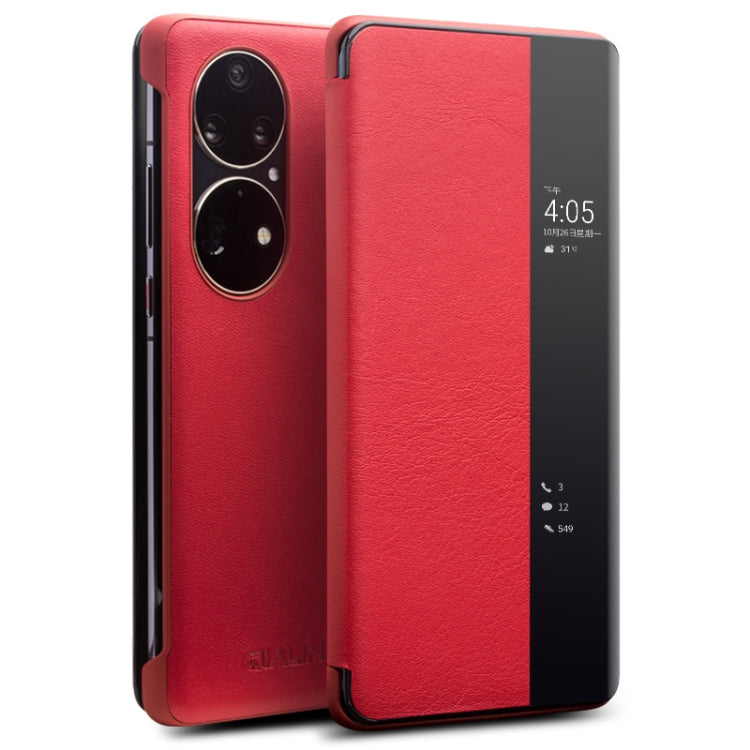 For Huawei P50 Pro QIALINO Genuine Leather Side Window View Smart Phone Case(Red) - Huawei Cases by QIALINO | Online Shopping UK | buy2fix