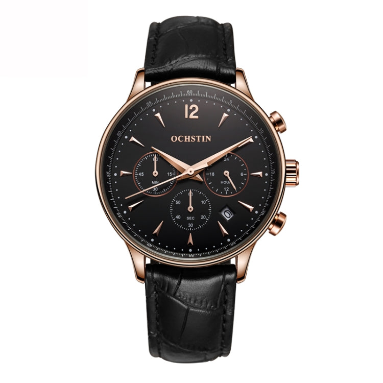 Ochstin 6050A Multifunctional Quartz Men Leather Watch(Rose Gold+Black) - Leather Strap Watches by OCHSTIN | Online Shopping UK | buy2fix