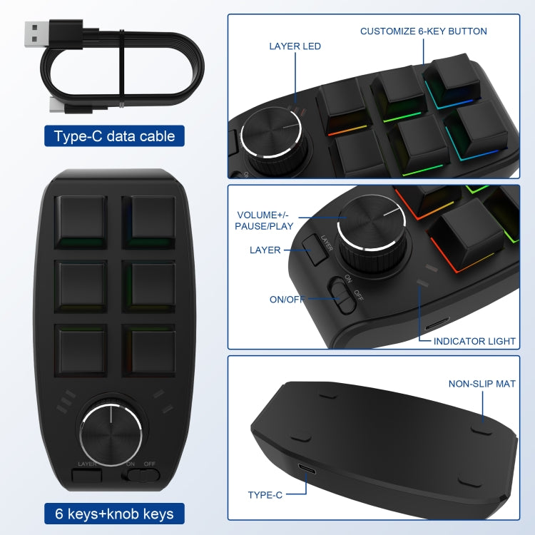 Bluetooth Wireless RGB Custom Mechanical KeyBoard 6 Keys 1 Knob Programming Gaming Keypad(Black) - Mini Keyboard by buy2fix | Online Shopping UK | buy2fix