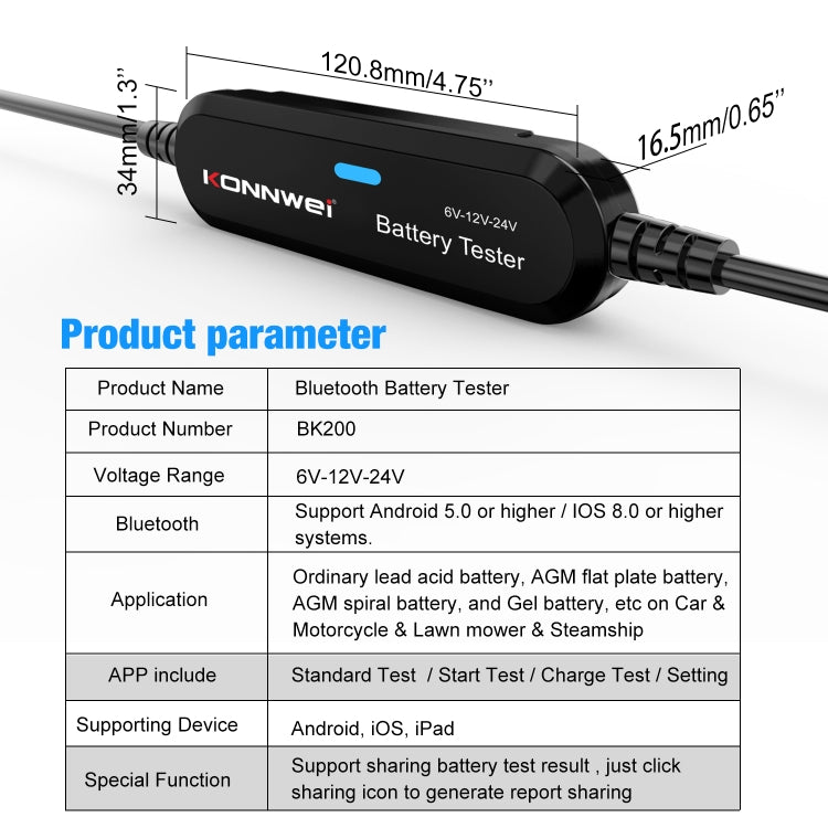 KONNWEI BK200 6V/12V/24V Car Bluetooth Battery Tester(Black) - In Car by KONNWEI | Online Shopping UK | buy2fix