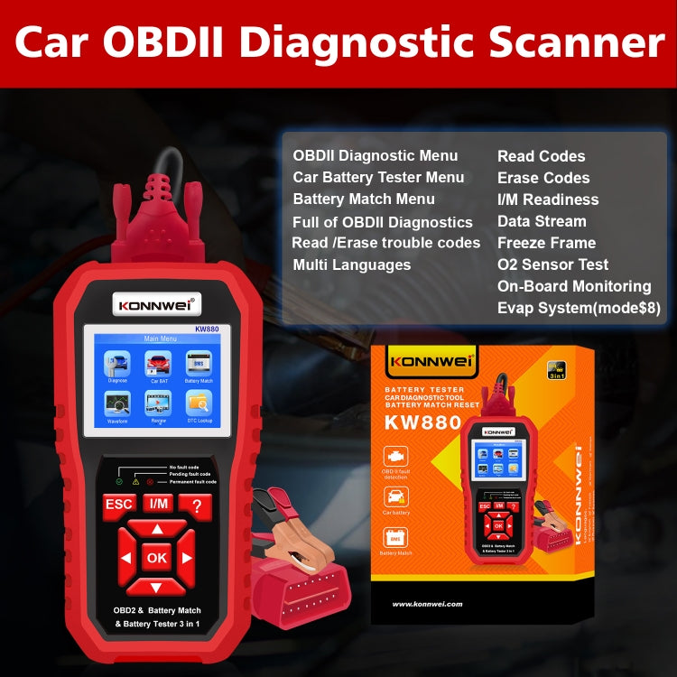 KONNWEI KW880 3 in 1 Car OBD2 Fault Diagnosis + Battery Tester + Battery Match Reset - In Car by KONNWEI | Online Shopping UK | buy2fix