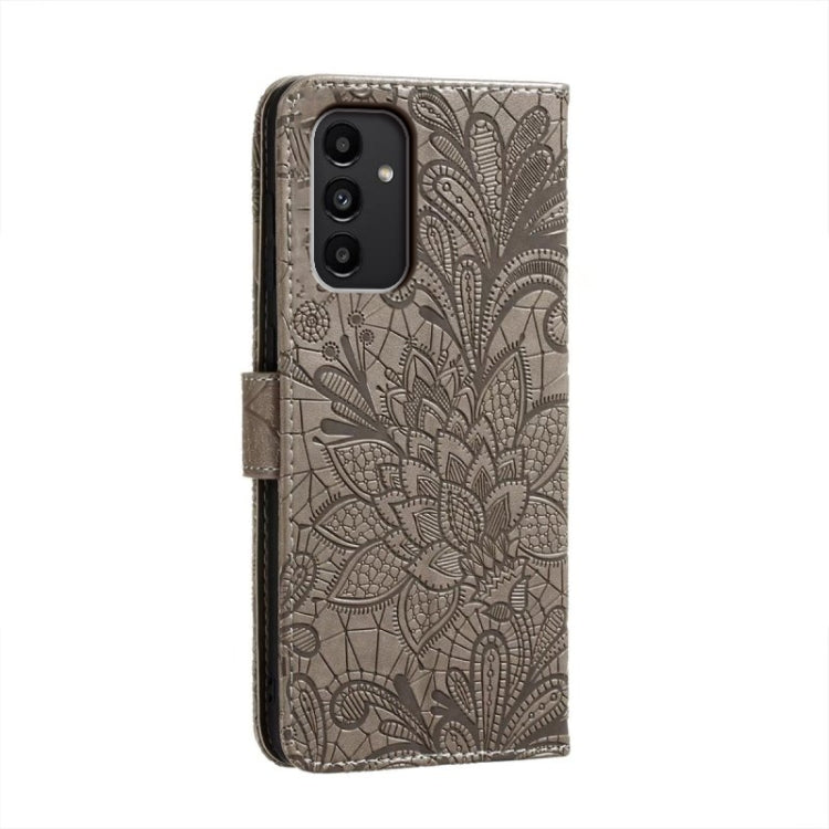 For Samsung Galaxy A14 4G Lace Flower Embossing Flip Leather Phone Case(Grey) - Galaxy Phone Cases by buy2fix | Online Shopping UK | buy2fix