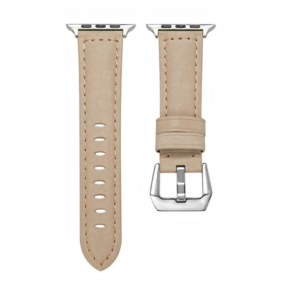 For Apple Watch Series 9&8&7 41mm / SE 3&SE 2&6&SE&5&4 40mm / 3&2&1 38mm Silver Buckle Genuine Leather Watch Band(Frosted Beige) - Watch Bands by buy2fix | Online Shopping UK | buy2fix